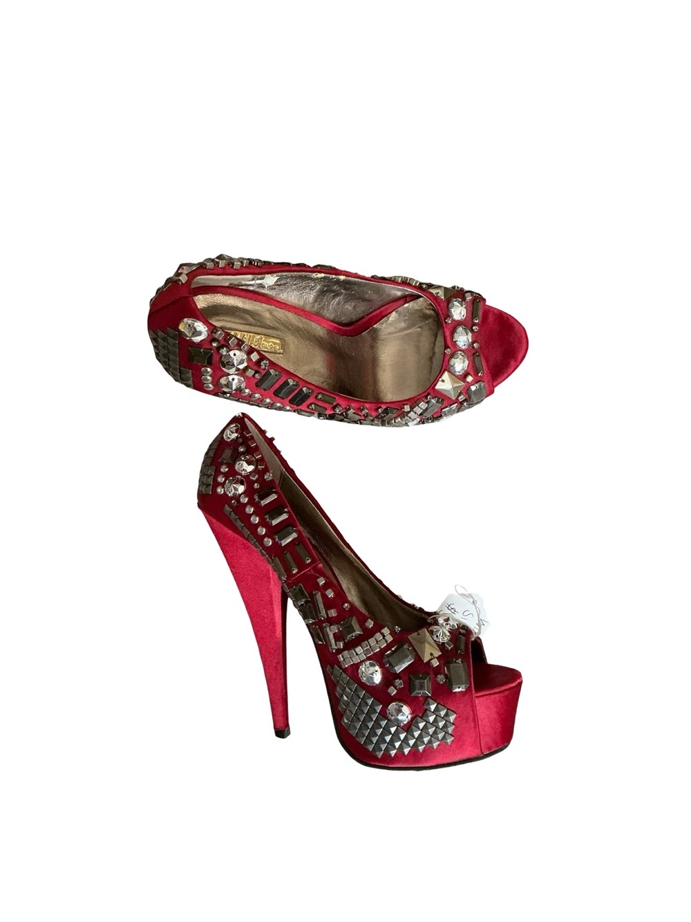 Vintage Wild Pair Red Satin Jeweled Platform Peep-Toe Heels